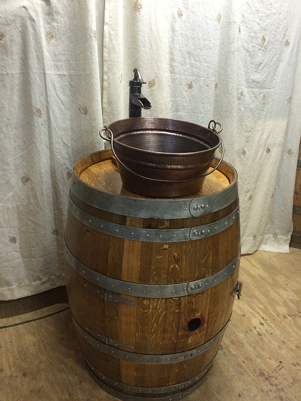 Wine barrel sink mirror and towel rack made to order