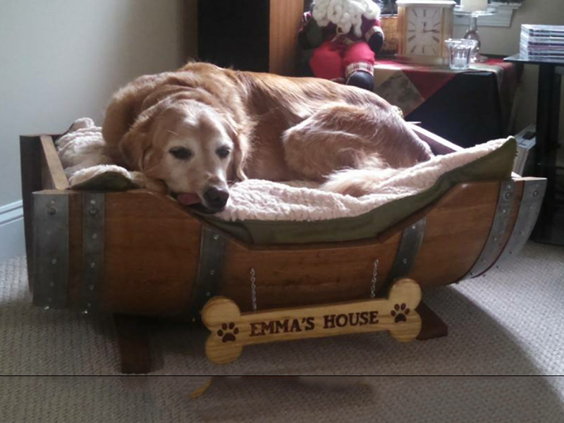Big dog bed with bedding and custom wood burnt bone - $400